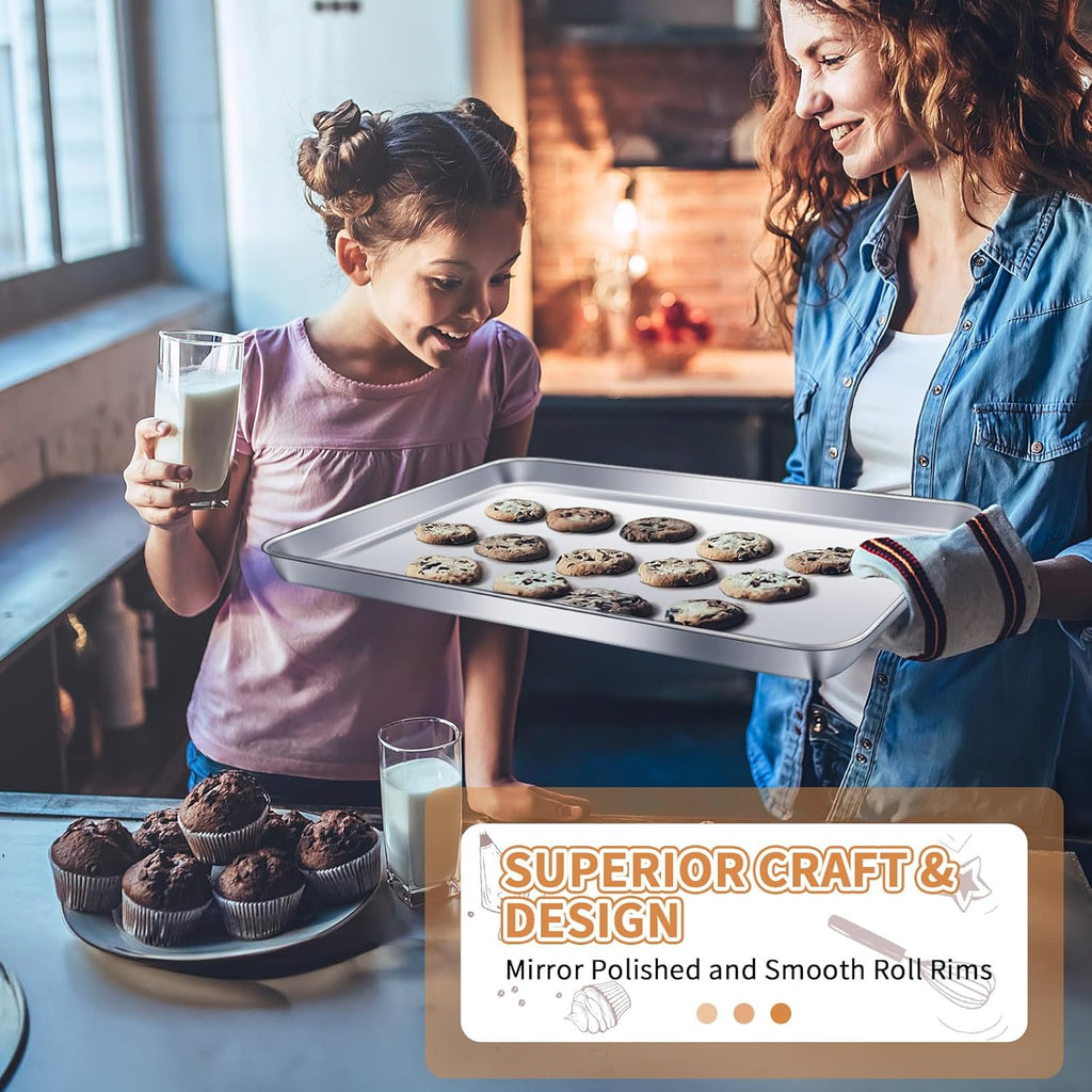 Stainless Steel Baking Sheet Set of 2, Deedro Cookie Sheet Metal Baking Pan Oven Tray, Non Toxic & Heavy Duty, Rust Free & Mirror Finish, Easy Clean & Dishwasher Safe, 17.3 x 12.3 x 1 Inch