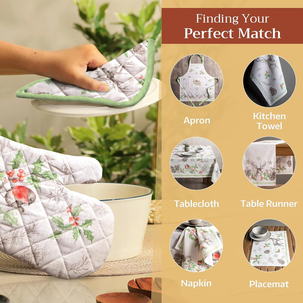 Maison d' Hermine Oven Gloves 100% Cotton Oven Mitt 7" x 13" with Loop Heat Resistant, BBQ, Cooking Gloves, Baking, Grilling, Kitchen, Handling Hot Pans (Pack of 1, Christmas Dew)