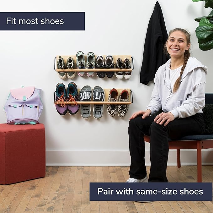 Wall Mounted Shoe Rack - A Wooden, Modern, Slim, and Small Shoe Storage Solution for Shoes and Boots in Narrow Spaces, entryways, or hallways. (30-in-Wide)