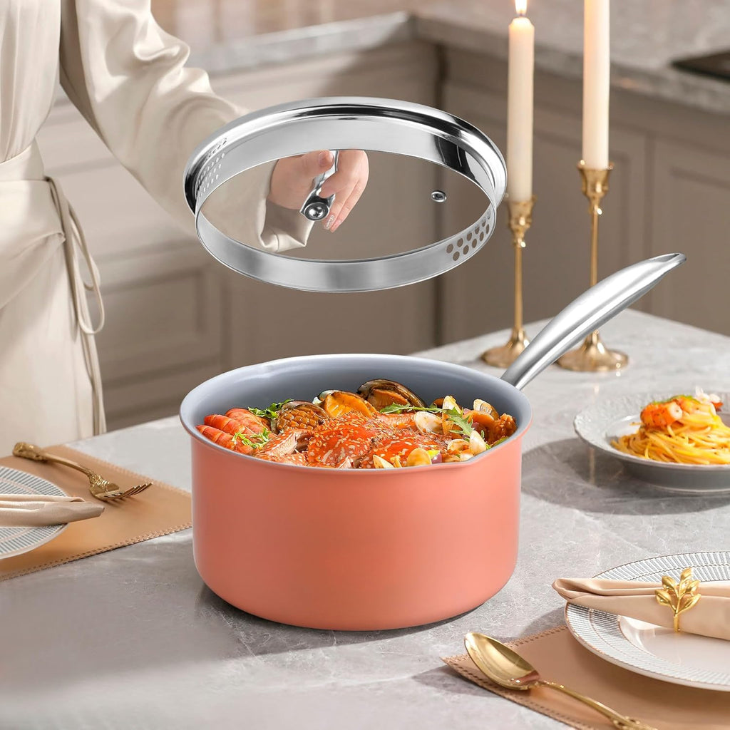Nonstick Ceramic Saucepan 2.5 Qt,Sauce Pot with Strainer Lid,Two Side Spouts for Easy Pour with Ergonomic Handle,Non Toxic,PTFE &PFOA Free - Oven Safe Compatible with All Stovetops,Perracotta