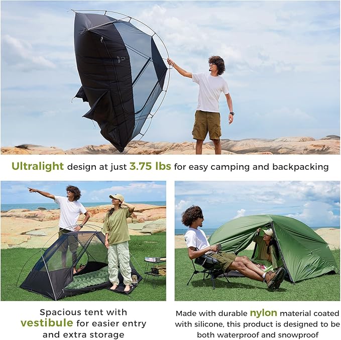 ATEPA Ultralight Backpacking Tent, 2 Person 1 Person Nylon Lightweight 4000MM+ Waterproof Windproof Portable Tent with Aluminum Frame & Rainfly for Backpacking Hiking Camping Motorcycle, 4 Season