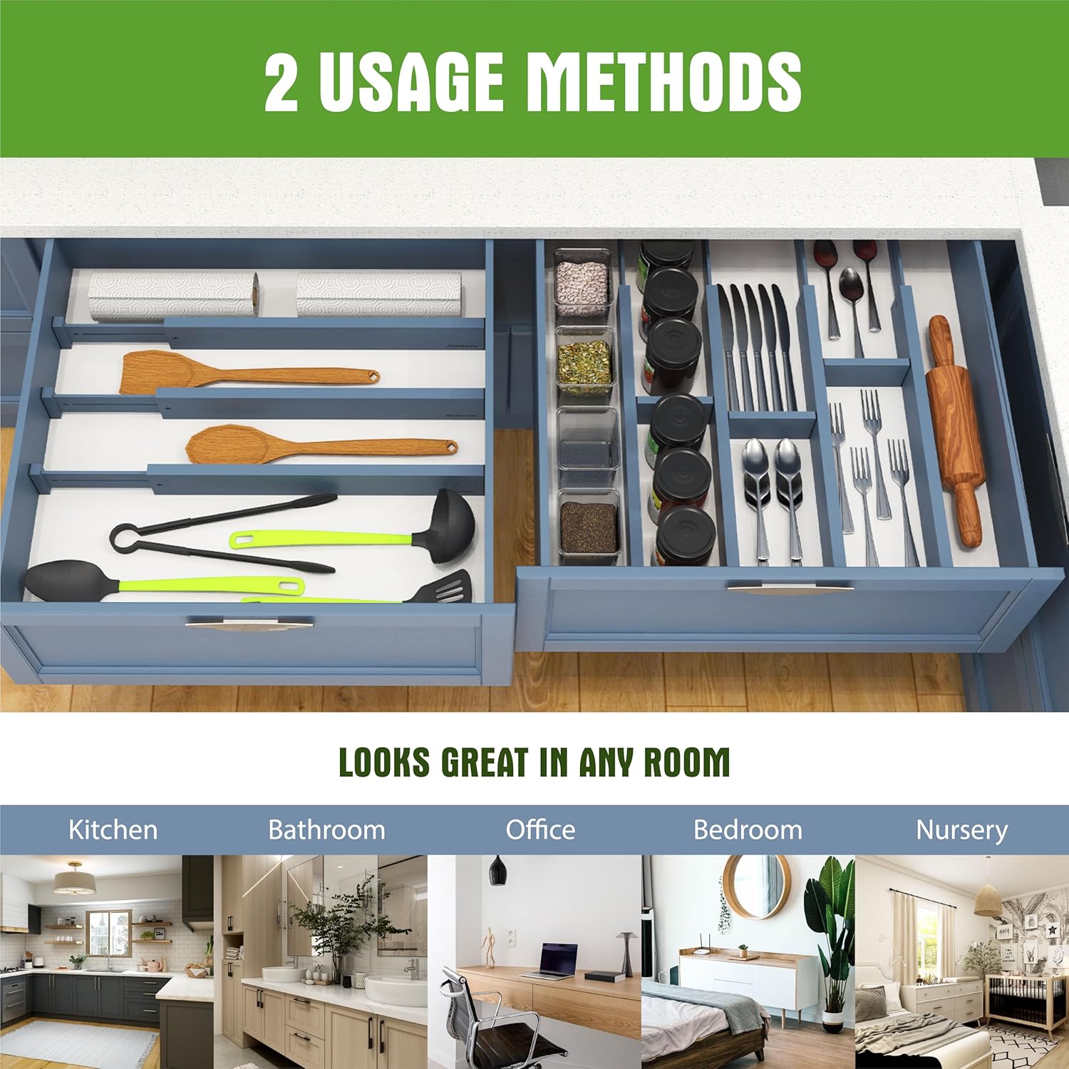 ANTOWIN Bamboo Drawer Dividers, Expandable Drawer Separators Splitter,17-22 inches Long Adjustable Spring-loaded Organizer for Large Utensil, Clothes, Tools Drawers (Blue)