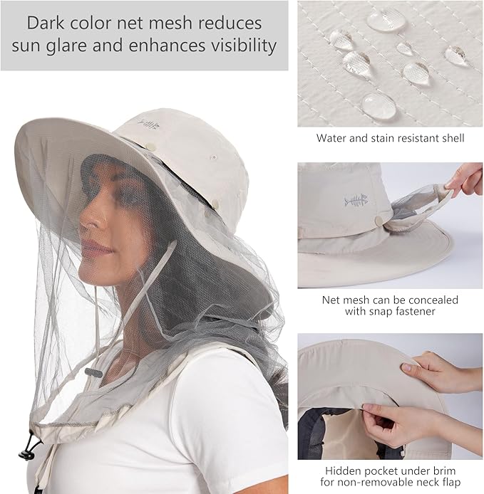 BASSDASH UPF 50+ Mosquito Sun Hat with Hidden Head Net and Neck Flap for Men Women Outdoor Fishing Hiking Camping FH16