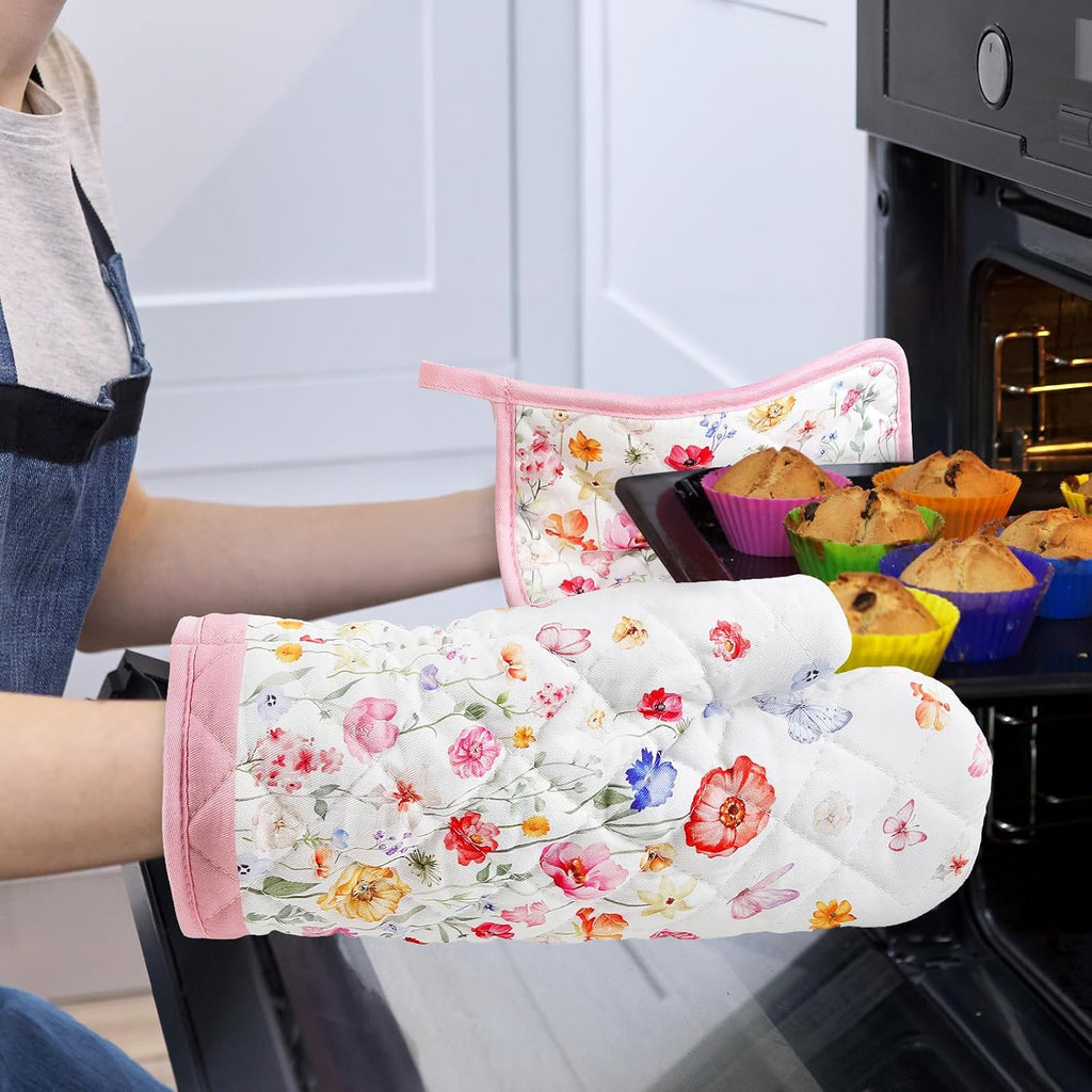 Wildflower Oven Mitts and Pot Holders Sets 2Pcs, 100% Cotton Heat Resistant, Extra Long Oven Gloves Potholder for Kitchen Cooking Baking Decoration