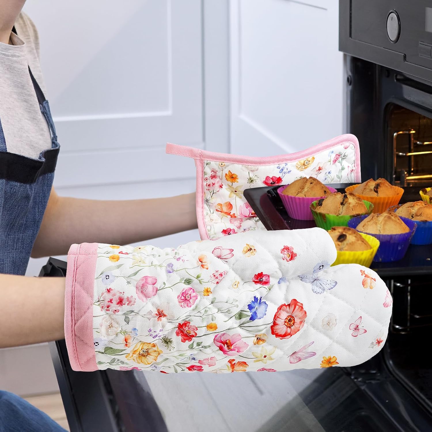 Wildflower Oven Mitts and Pot Holders Sets 4Pcs, 100% Cotton Heat Resistant, Extra Long Oven Gloves Potholder for Kitchen Cooking Baking Decoration