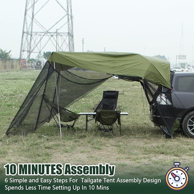 SUV Tailgate Tent - Car Awning with Mosquito Net, Ventilation & Airflow Design - 9.5FT X 6.5FT X 6.5FT (LxWxH) Army Green