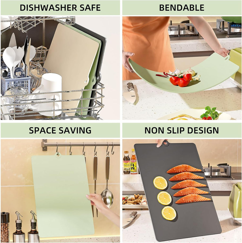 TPU Cutting Boards for Kitchen with Storage Stand, Plastic Chopping Board Set of 3, Flexible Cutting Mat Double Sided Food Grade, Dishwasher Safe Chopping Meat, Veggies, Fruits, Camping, BPA Free