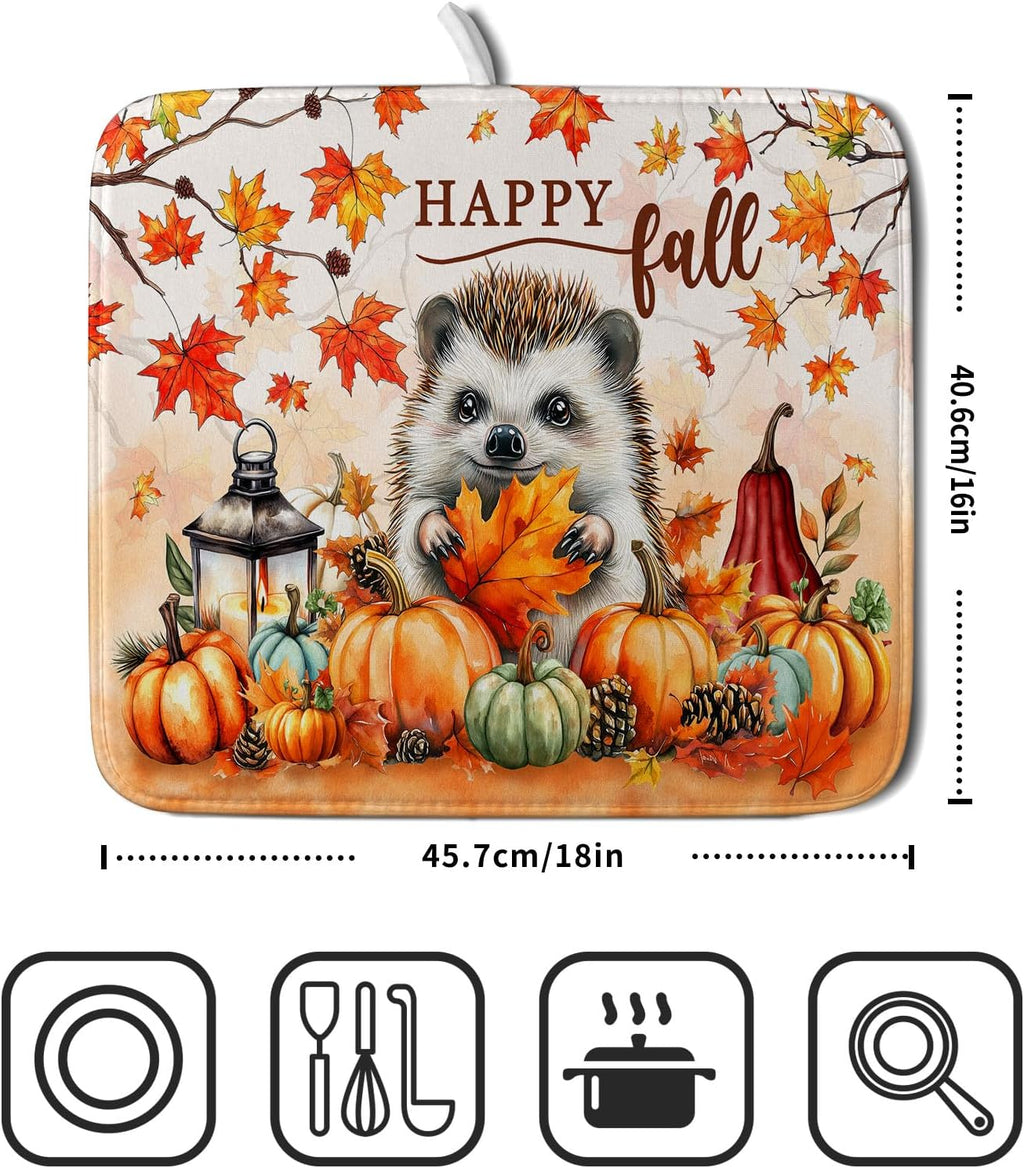 Happy Fall Dish Drying Mat - Cute Hedgehog Absorbent Drying Pad for Kitchen Counter