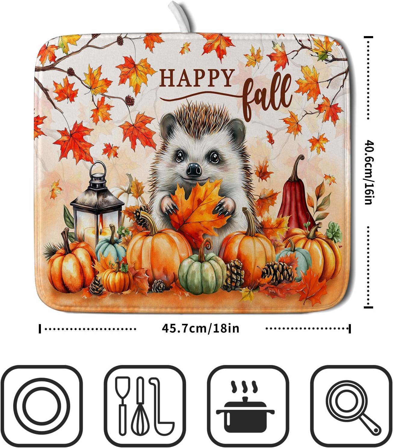 Happy Fall Dish Drying Mat - Cute Hedgehog Absorbent Drying Pad for Kitchen Counter