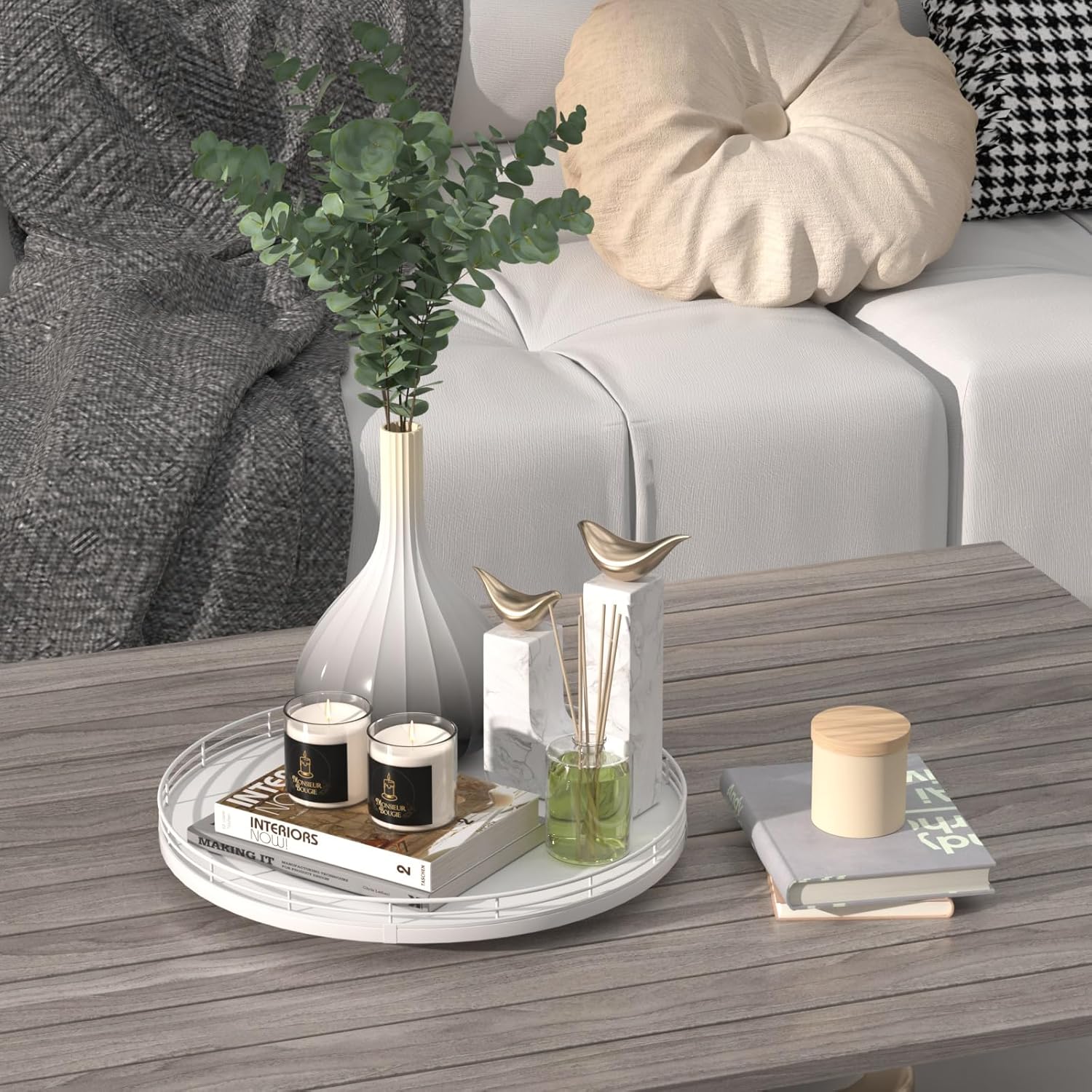 13" Oak Wood Decorative Tray for Home Decor, Tray for Coffee Table Decor Perfume Nightstand Vanity Bathroom Trays for Counter Candle Jewelry Makeup Farmhouse Table Centerpiece for Dining Room White