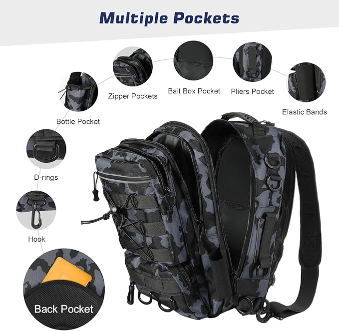 MoKo Fishing Backpack Sling Bag with Rod & Gear Holder, Nylon Waterproof Fishing Tackle Storage Bag for Fishing