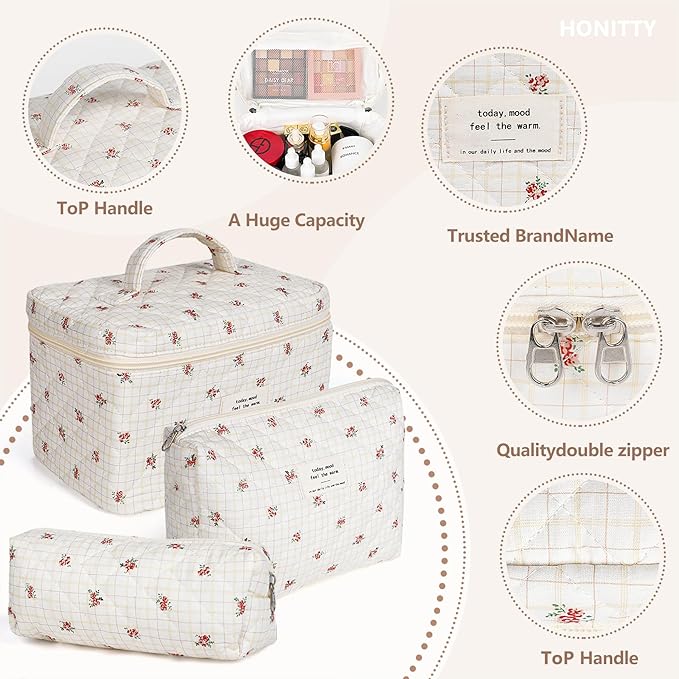 Makeup Bag,Quilted Cosmetic Bags,Large Floral Make Up Organize bag,Makeup Bag Set for Women,Flower Travel Toiletry Bag