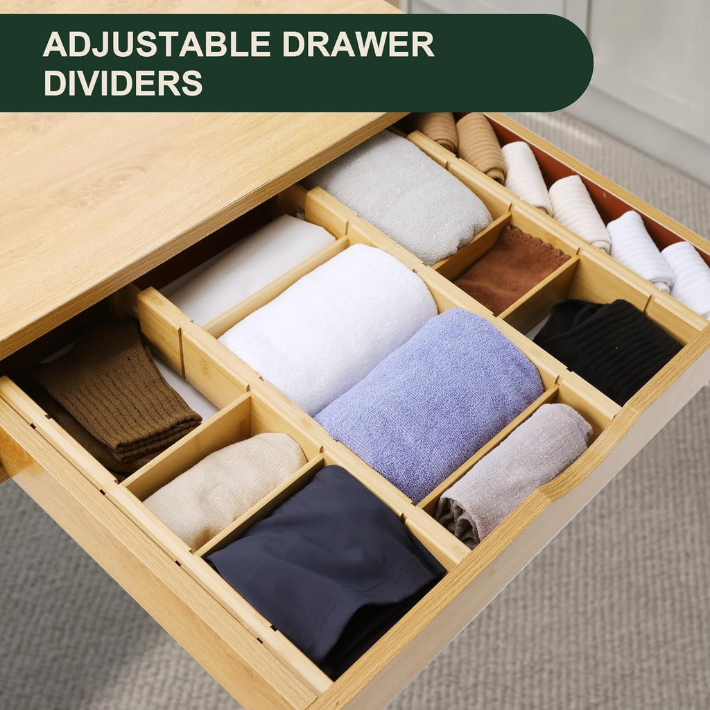 Utoplike 4 PCS Bamboo Kitchen Drawer Dividers with Inserts(Fits 15"-17.7" Drawer Inner Size), Adjustable Drawer Organizers for Socks, Spring Loaded, for Bedroom, Dresser, Bathroom