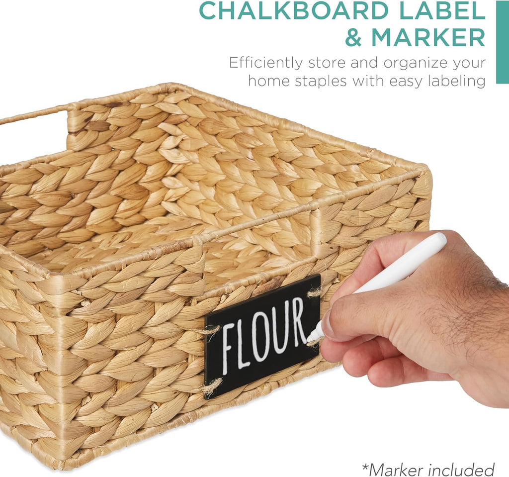 Best Choice Products Set of 4 13x12in Water Hyacinth Pantry Baskets, Woven Organizers w/Chalkboard Label, Chalk Marker - Natural