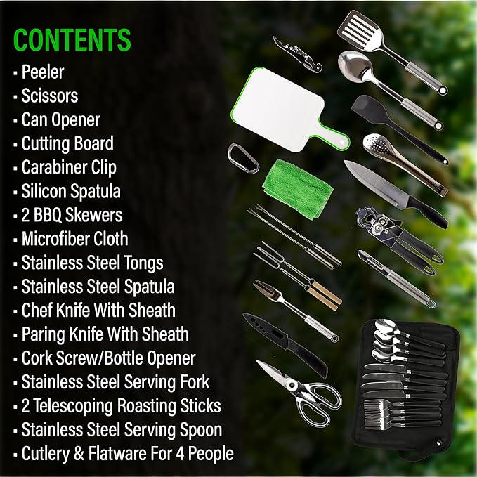 30 Pcs Camp Cooking Utensil Set & Outdoor Kitchen Gear Cookware Kit, Portable Compact Carry Case for Camping, Hiking, Travel, BBQ Grilling Stainless Steel Accessories Spoon & Fork, Navy
