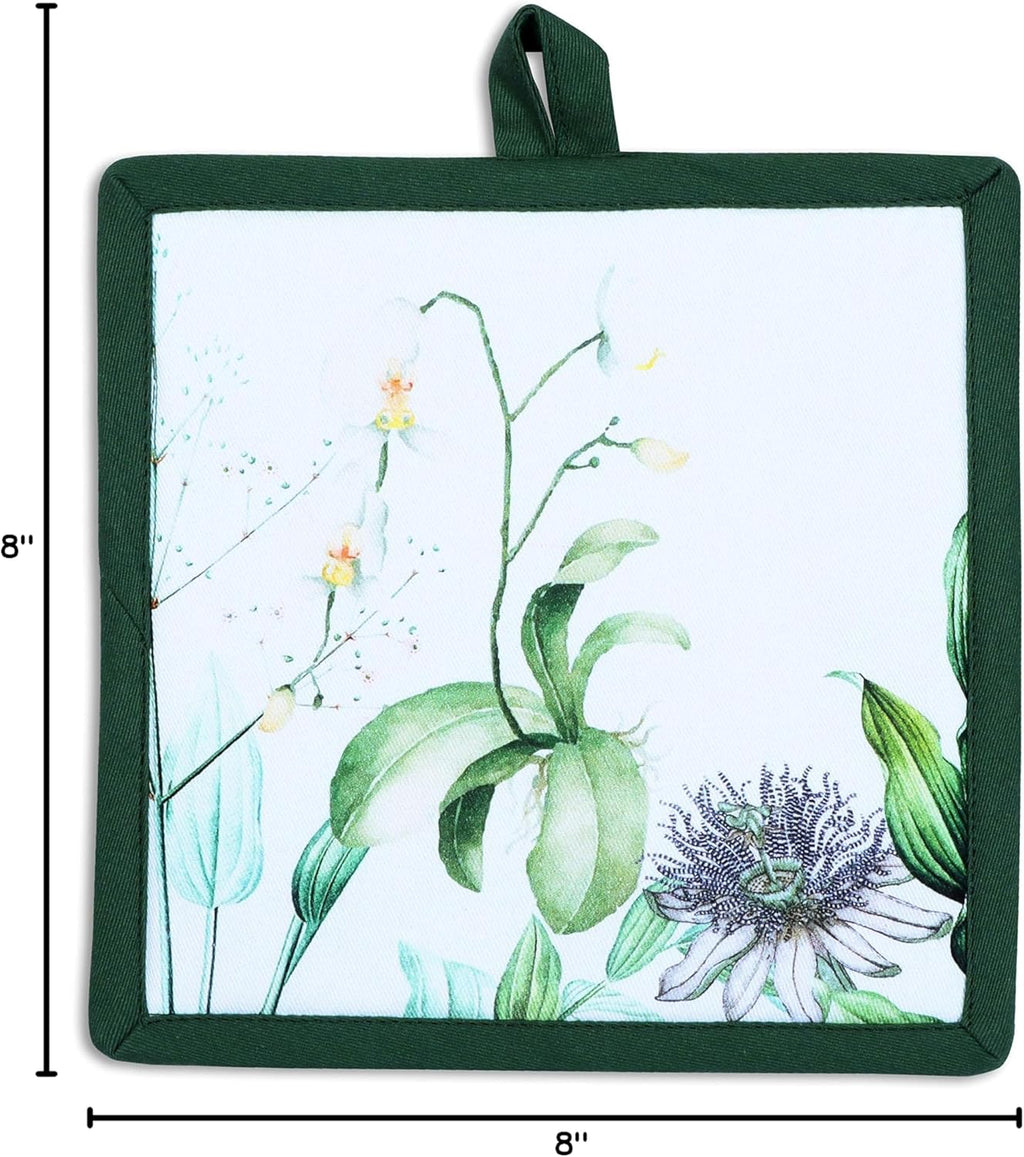 AMOUR INFINI Pot Holders Heat Resistant Cotton Set of 2 Nonslip 8"x8" Inch Hot Pads for Kitchen, BBQ, Baking & Cooking with Hanging Loops (Floral Shrubs)