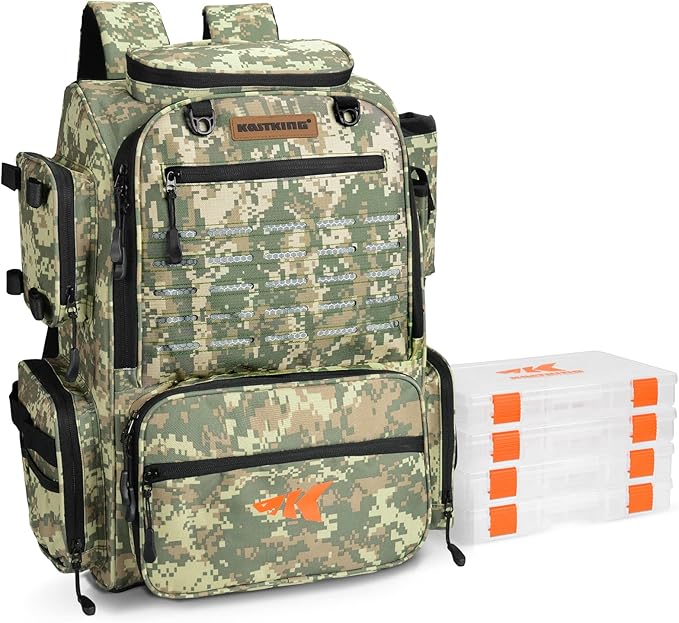 KastKing Bait Boss Fishing Tackle Backpack with Rod Holders-4 Tackle Boxes-Rain Cover,43L Large Storage for Fishing Gear