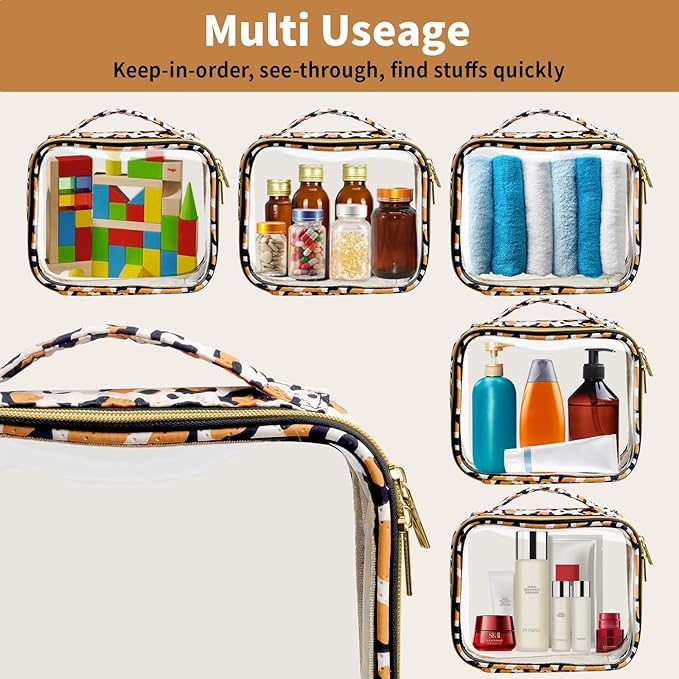 TSA Approved Travel Toiletry Bag,3 Pack Clear Makeup Bags with Handles,Quart Size Clear Cosmetic Bags for Traveling Women,Men,Carry on Airport Airline Compliant Bag,Leopard