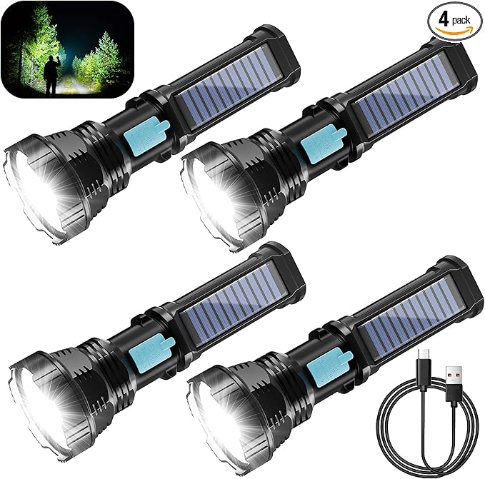 Solar/Rechargeable LED Flashlights, Multi Function Flashlight with 2000 mAh Battery, Emergency Strobe Light, Waterproof, Fast USB Charging, Survival Gear and Supplies for Camping, 4 Pack
