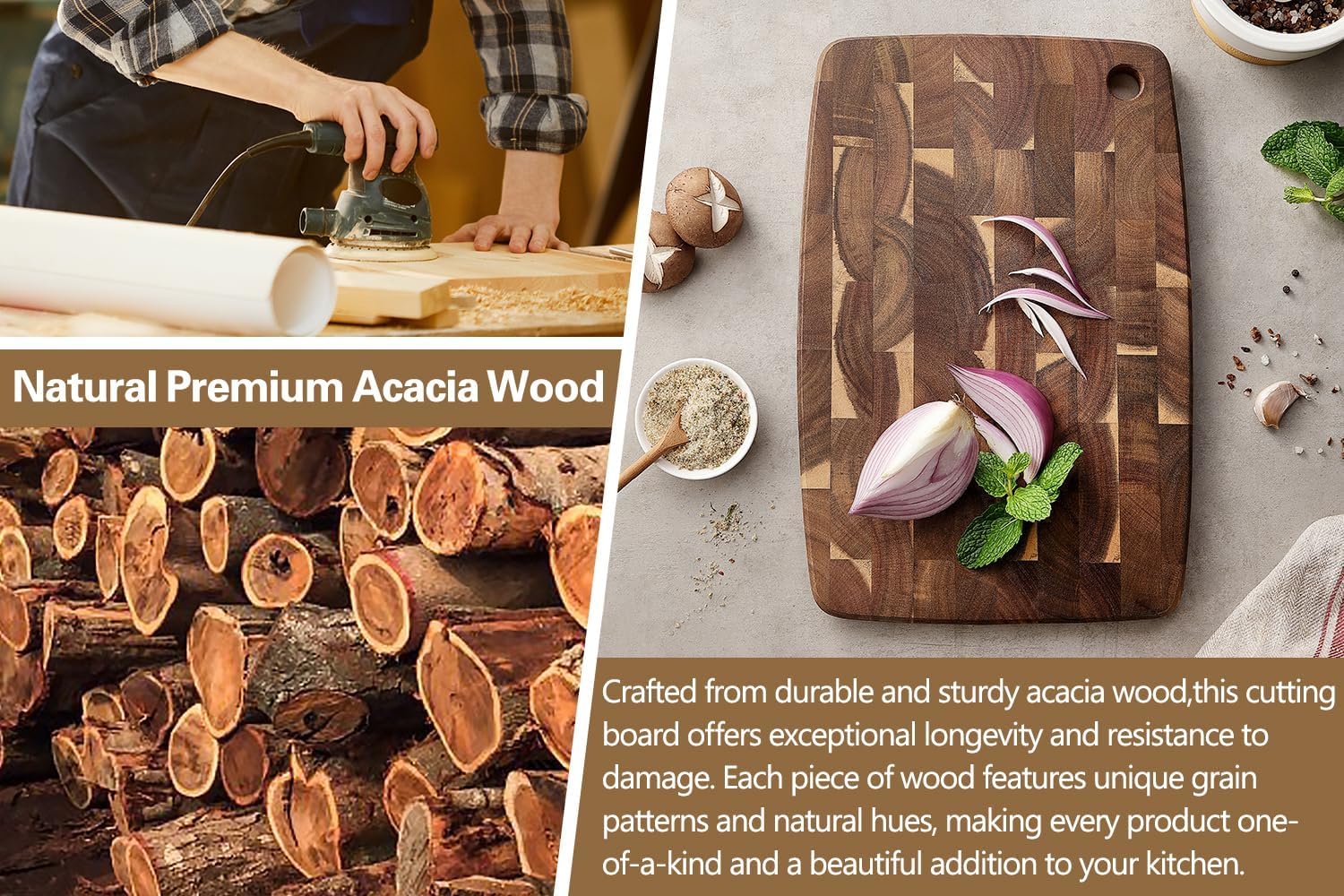XINZUO Small Acacia Wood End-Grain Kitchen Cutting and Serving Board, for Kitchen, 14" x 9" Reversible Wooden Chopping Board for Meat, Cheese, Fruit & Vegetables,Easy to Clean(Rectangular)