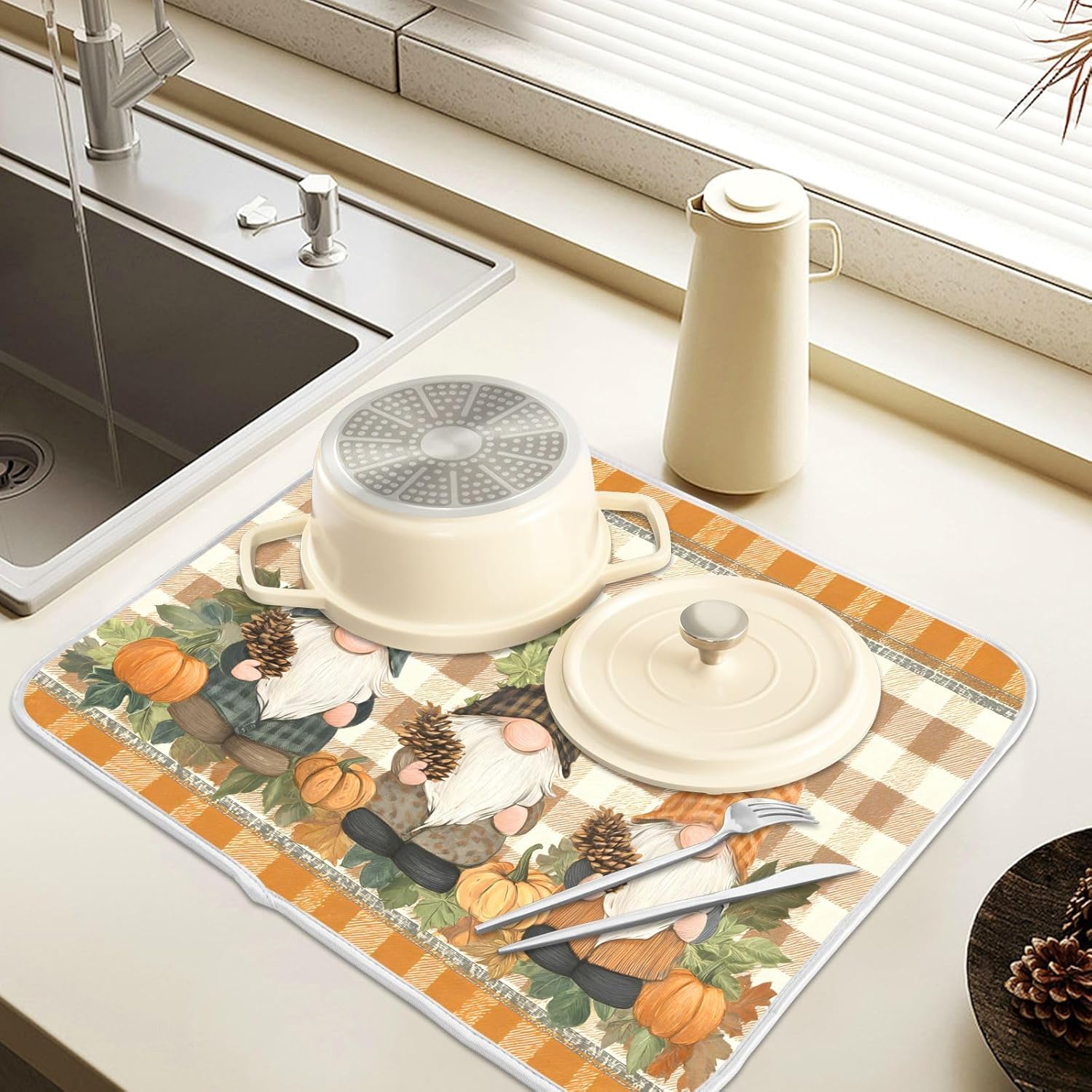 Fall Pumpkin Gnomes Maple Leaves Autumn2 Dish Drying Mat for Kitchen Counter Absorbent Microfiber Small Drying Pad Dish mats for Kitchen Countertops 16 x 18 Inch
