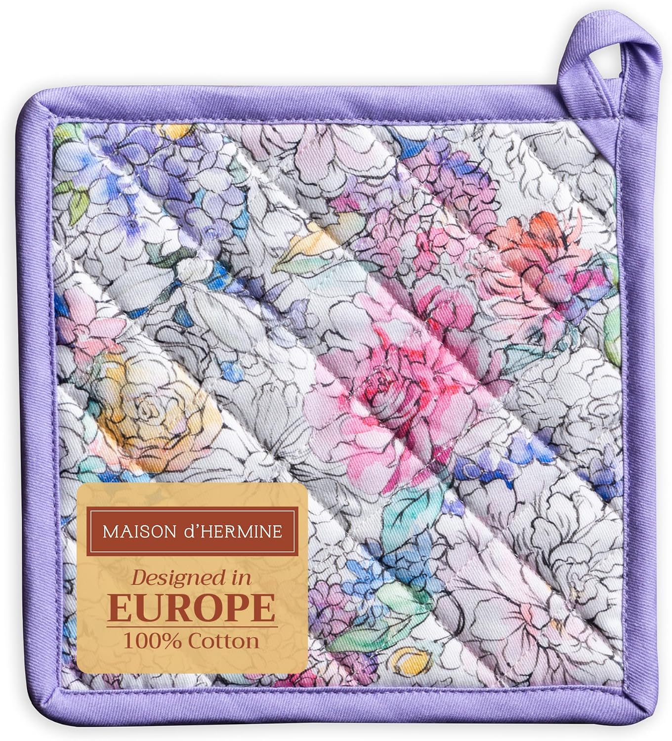Maison d' Hermine Pot Holders 100% Cotton Heat Resistant Potholders 8" x 8" Hot Pads with Loop BBQ, Cooking, Baking, Grilling, Kitchen, Handling Hot Pans Spring/Summer (Pack of 1, Floral Love)