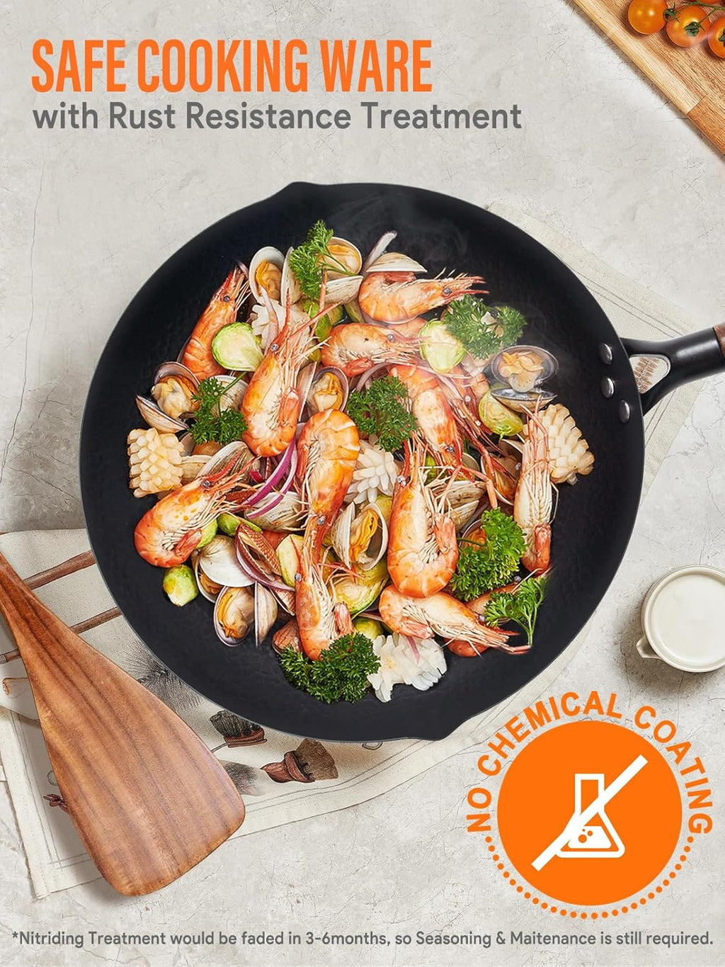 Carbon Steel Wok Pan, 5 Piece Authentic Chinese Wok & Stir-Fry Pans Set with Wooden Lid, No Chemical Coated Flat Bottom Chinese Woks Pan for All Stoves-13“