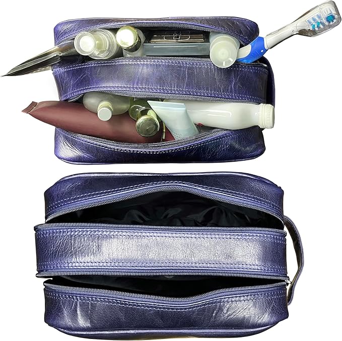 RUSTIC TOWN Leather Toiletry Bag for Men - Travel Shaving Dopp Kit - Bathroom Shower Toiletries Organizer - Leather Cosmetic Bag for Women (Oxford Blue)