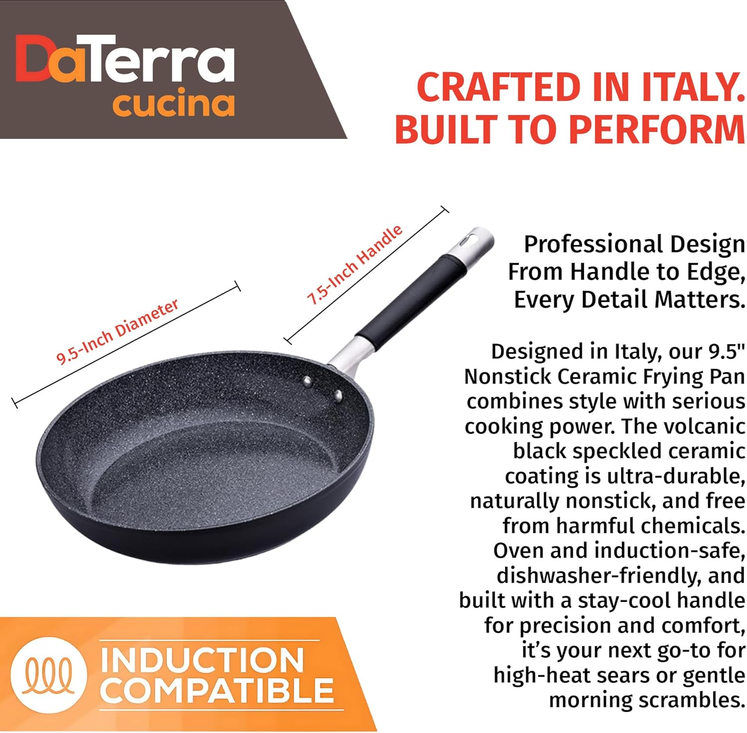 DaTerra Cucina - 9.5" Nonstick Ceramic Frying Pan - Made in Italy - Oven & Induction Safe - High Heat Resistant Nonstick Cookware - Dishwasher Safe - Volcanic Black Speckled