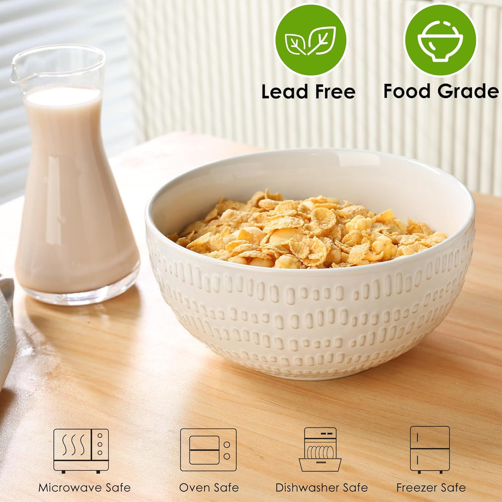 24 OZ Large Soup Bowls Set of 4, Farmhouse Embossment Ceramic Cereal Bowls for Salad, Serving, Fruit, Snack, Noodle, Ramen, Pho, Microwave & Dishwasher Safe, 6 Inch White