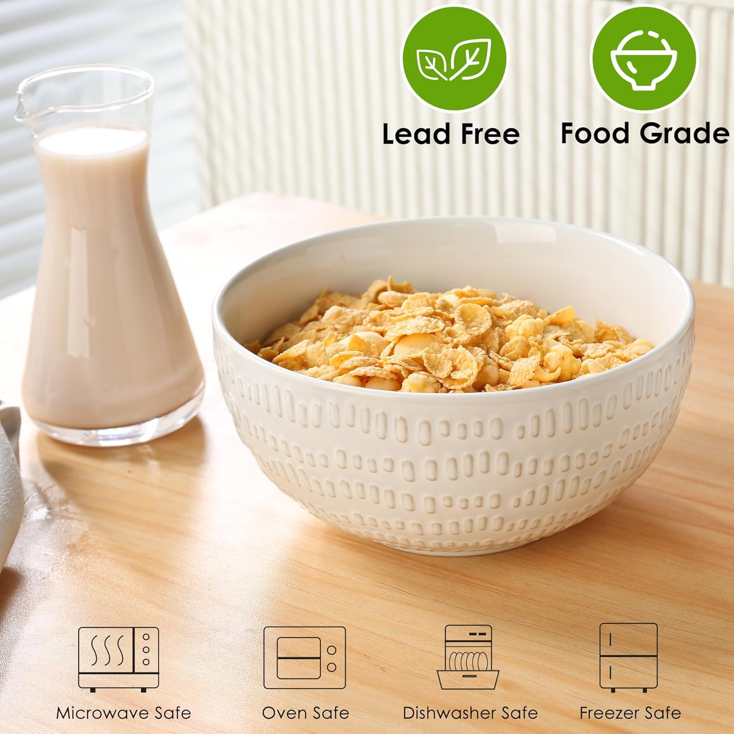 24 OZ Large Soup Bowls Set of 4, Farmhouse Embossment Ceramic Cereal Bowls for Salad, Serving, Fruit, Snack, Noodle, Ramen, Pho, Microwave & Dishwasher Safe, 6 Inch White