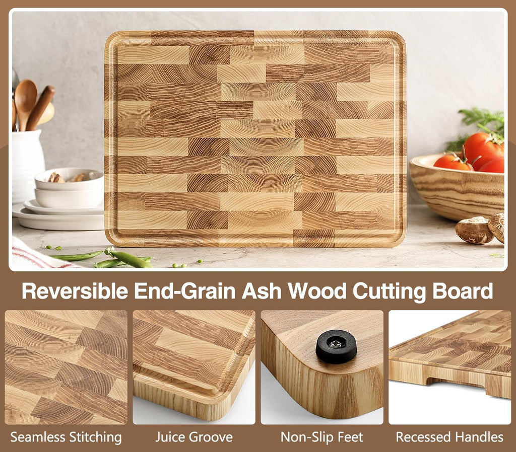 XINZUO Ash Wood Cutting Board for Kitchen, (13.8''L x 9.8''W x 1''T)-End Grain Wood Cutting Board for Meat-Chopping Boards with Slip Feet, Side Handles,Juice Groove