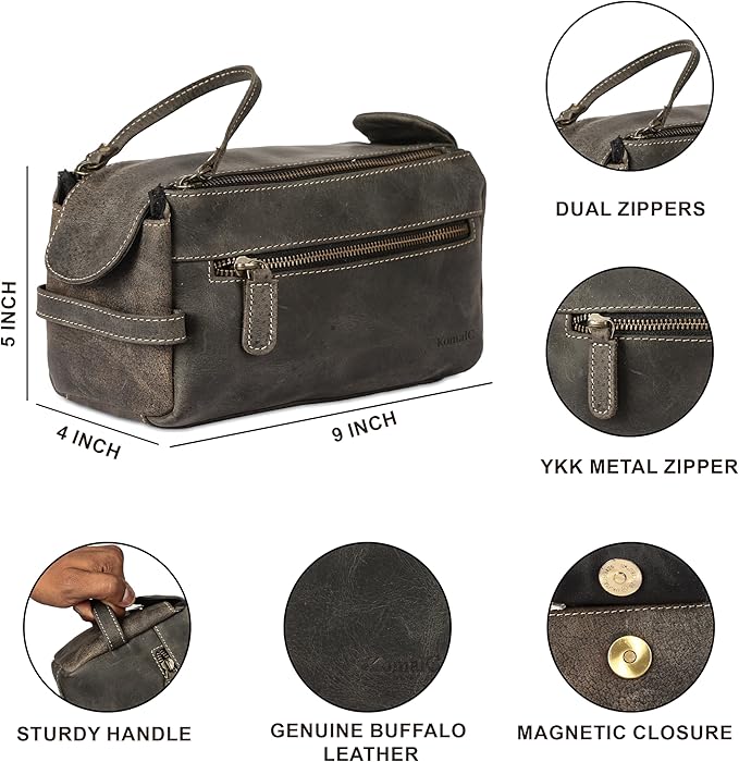 KomalC Premium Buffalo Leather Unisex Toiletry Bag Travel Dopp Kit