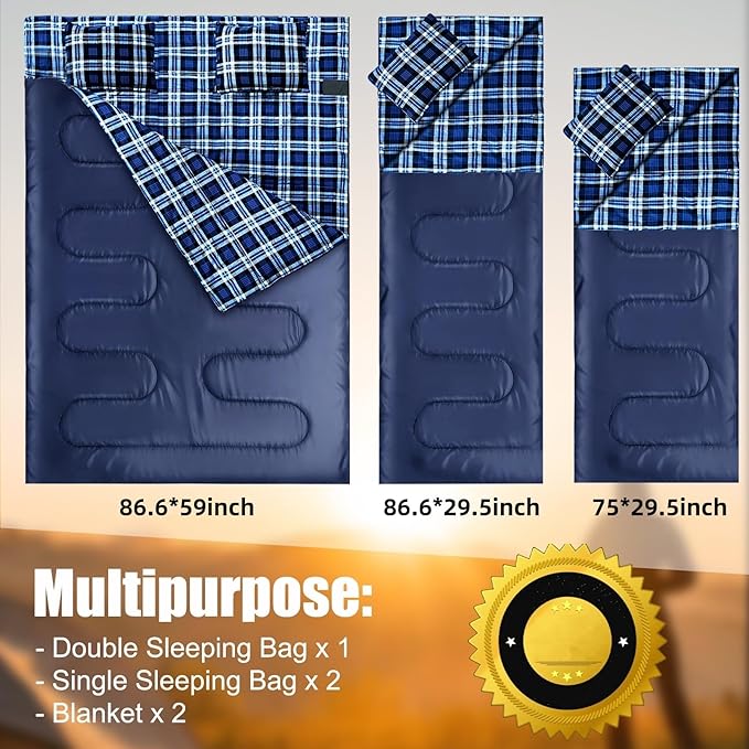 Double Sleeping Bag Flannel for Adults Kids, Queen Size for 2 Person with 2 Pillows, Warm & Cold Weather Sleeping Bag for Camping, Hiking, Waterproof Lightweight with Compression Sack