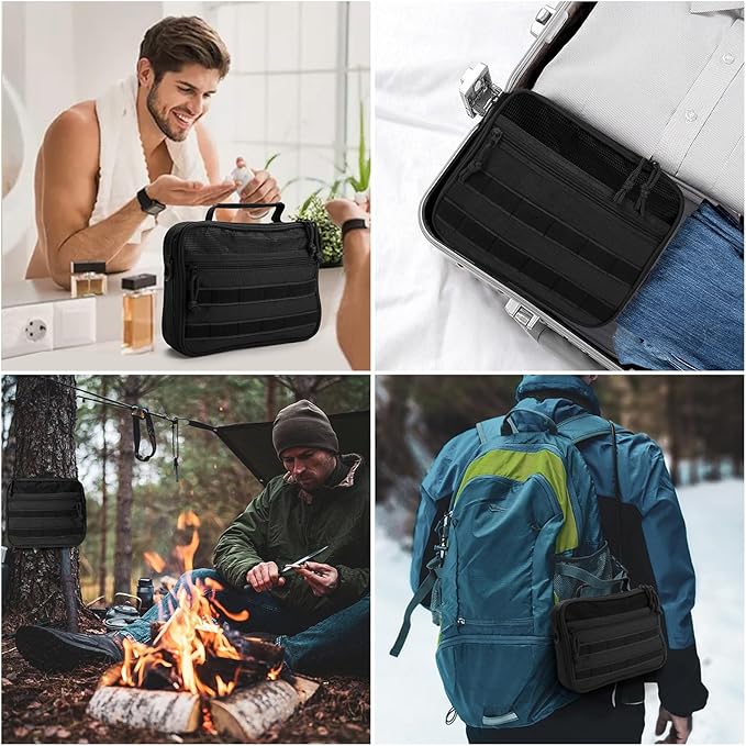 SUNRISING Tactical Toiletry Bag for Men - Hanging Travel Dopp Kit, Shaving Hygiene Organizer, Durable Bathroom Essentials for Short Trips & Camping Black