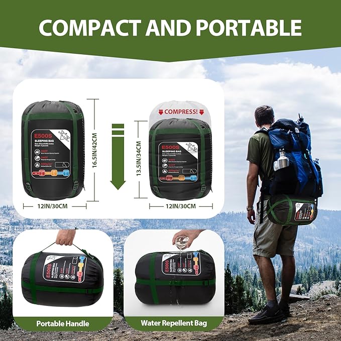 Adult Kids Sleeping Bag - All Season Warm/Cold Weather Lightweight for Camping & Hiking - Compact w/Compression Sack - Portable for Backpacking Travel Indoor - Unisex Boy Girl Man Woman