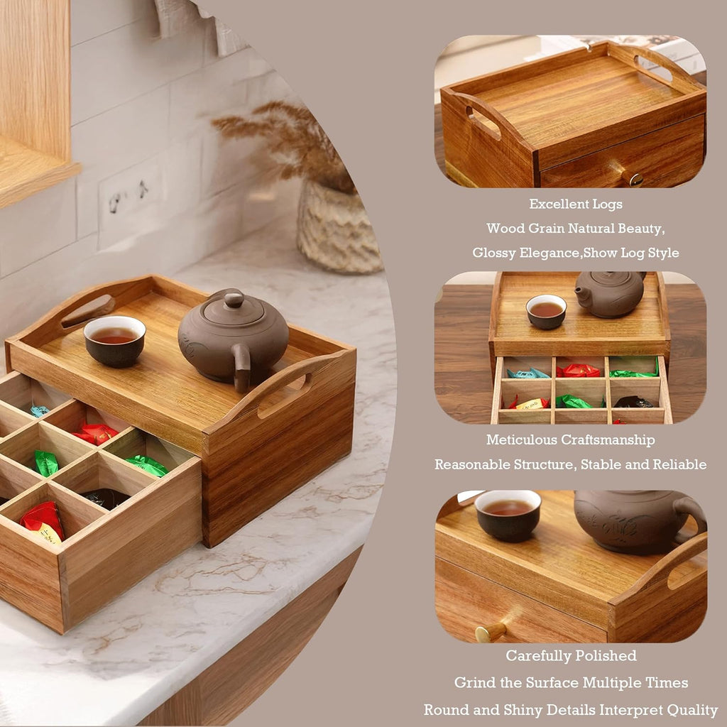 Tea Bag Holder Organizer, Tea Storage Organizer, Acacia Wood Drawer Interior 9 Grids & Teapots and Cups Can Be Placed on Top 10.4"X8.3"X5.4" Storage Box for Kitchen Countertop Organizer