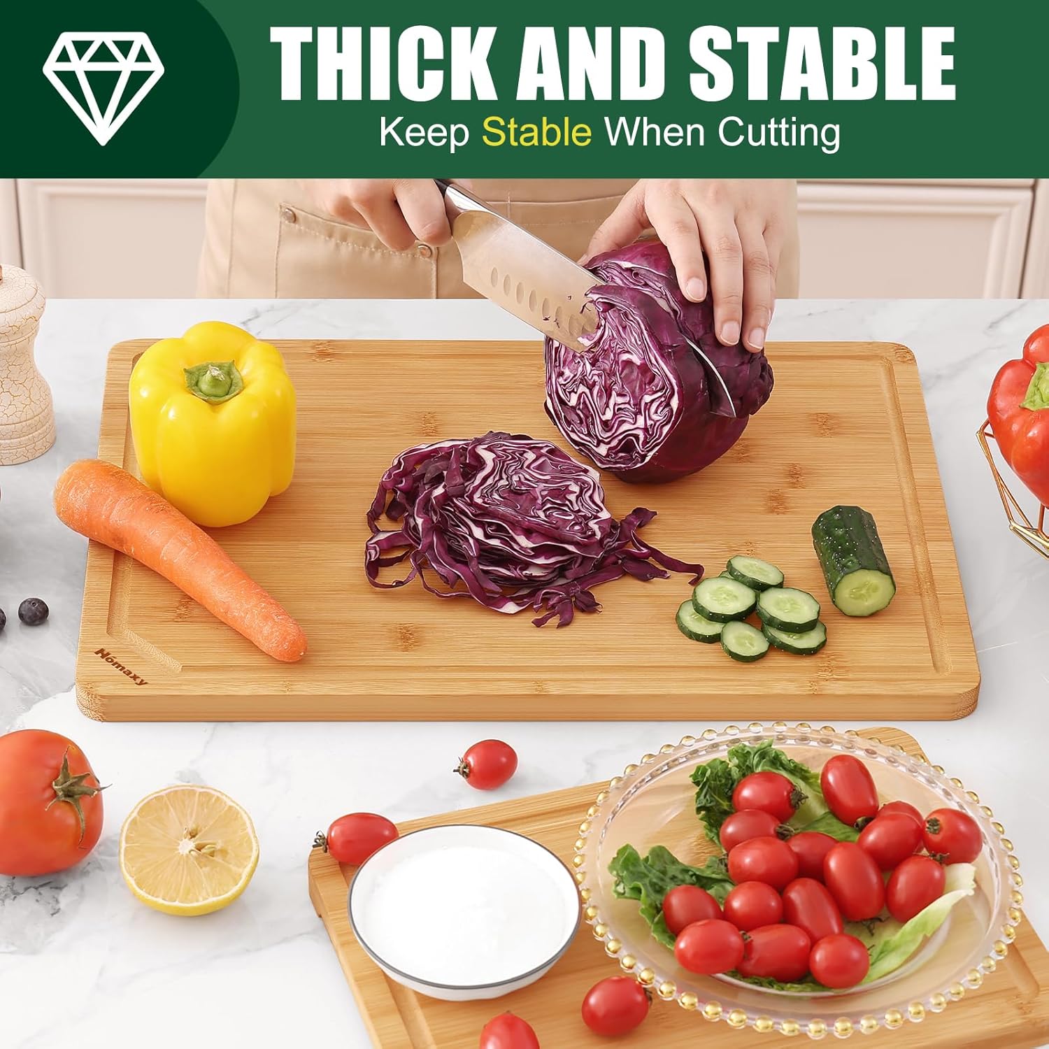 Homaxy Organic Bamboo Cutting Boards Set for Kitchen Set of 2, Wooden Cutting Board Set with Juice Groove and Handles, Charcuterie Serving Tray Wood Chopping Board Set for Meat Fruits & Vegetables