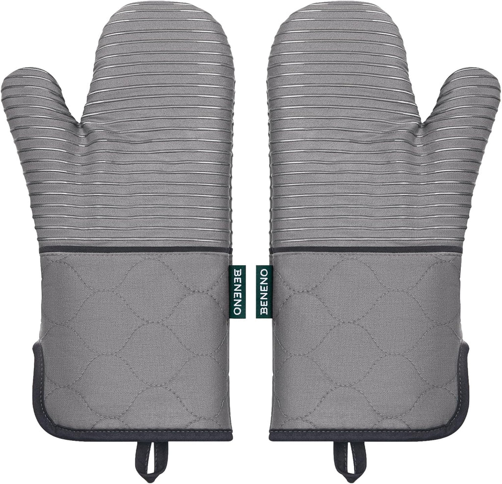 Beneno Kitchen Oven Mitts 2-Pack Heat Resistant to 500°F with Non-Slip Silicone Grip, Extra Long 14.3" Forearm Protection, Soft Quilted Cotton Terry Lining, Ideal for Cooking, Baking, Grilling, Gray