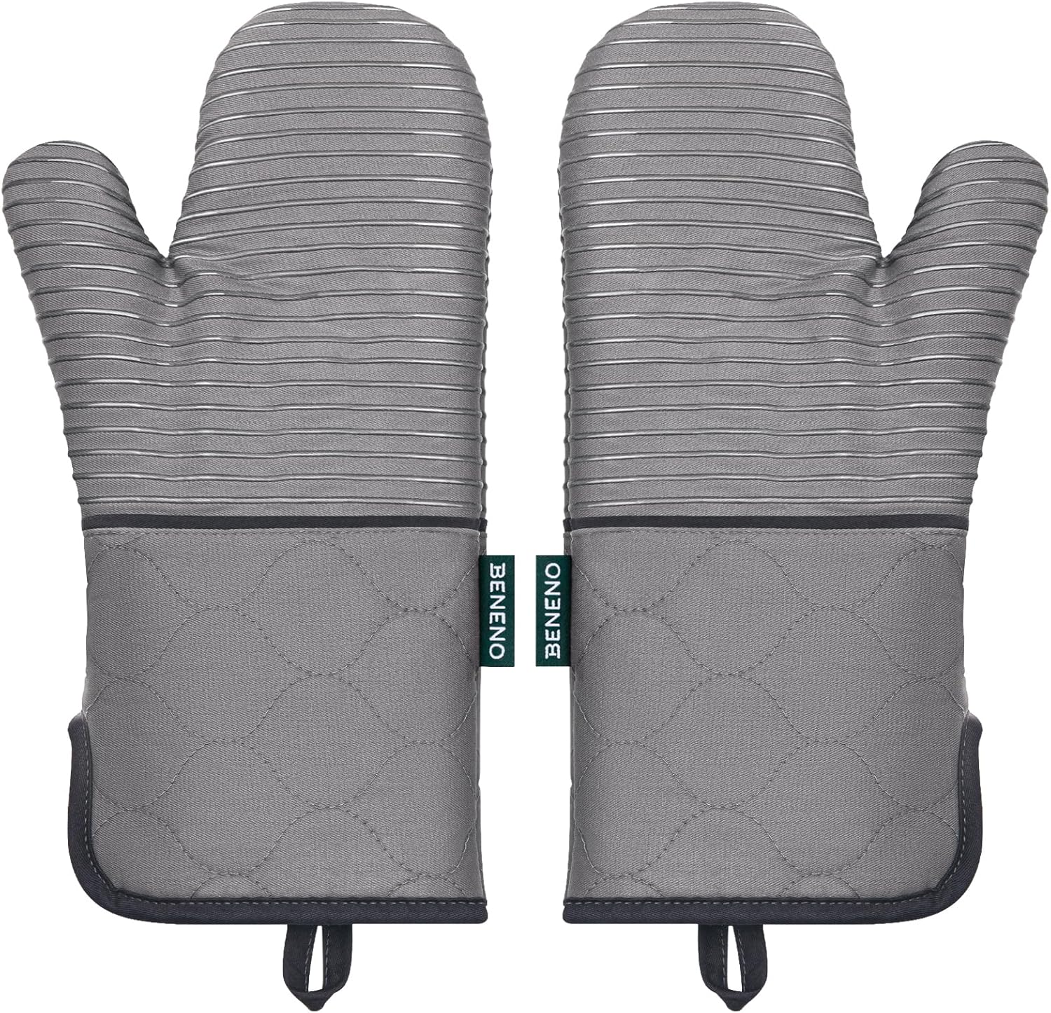 Beneno Kitchen Oven Mitts 2-Pack Heat Resistant to 500°F with Non-Slip Silicone Grip, Extra Long 14.3" Forearm Protection, Soft Quilted Cotton Terry Lining, Ideal for Cooking, Baking, Grilling, Gray