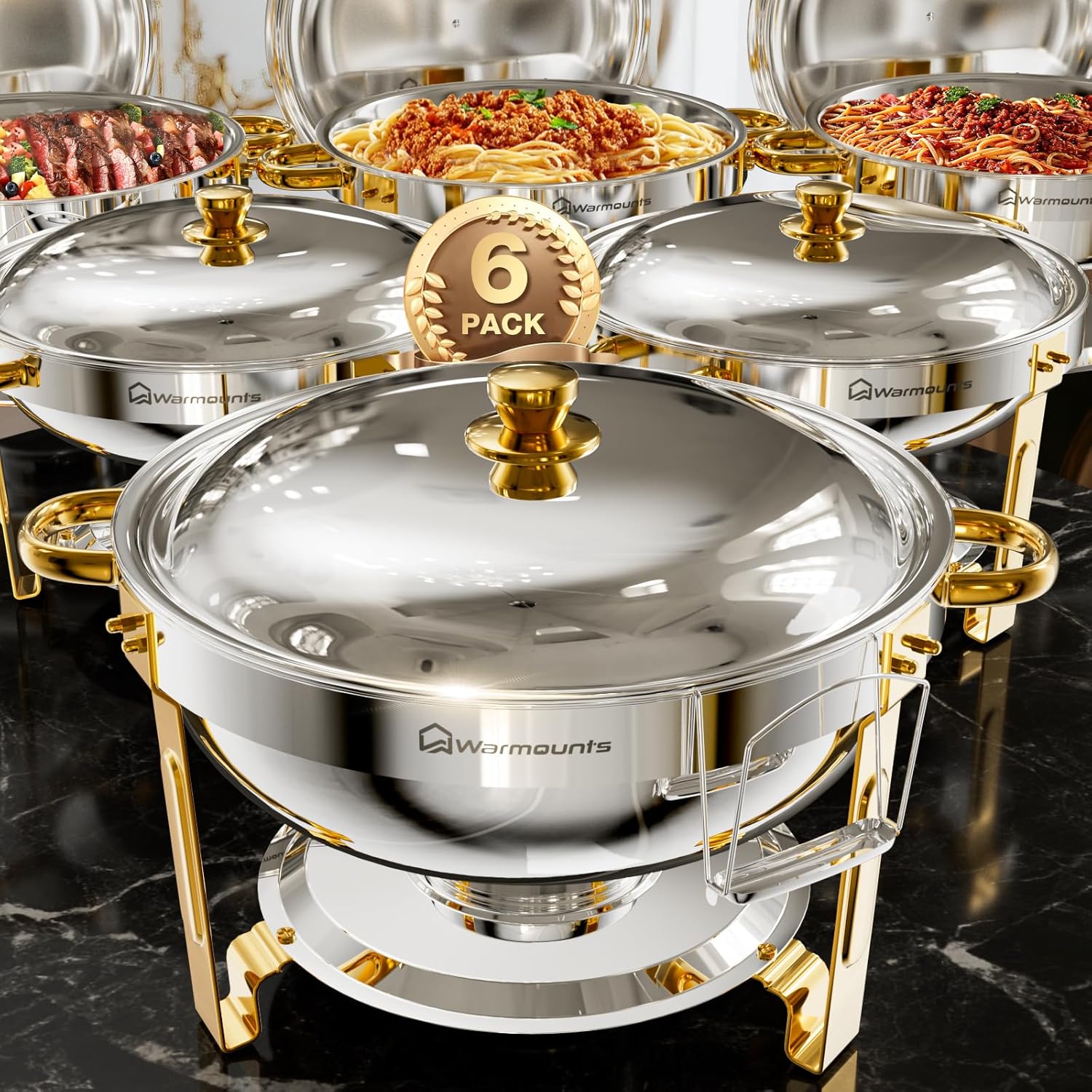 Gold Chafing Dishes for Buffet (5QT, 6 Pack), Round Chafers and Buffet Warmers Sets, Food Grade Stainless Steel Chafing Dish Set, Rolled Edge Design, for Catering Events, Parties, Weddings