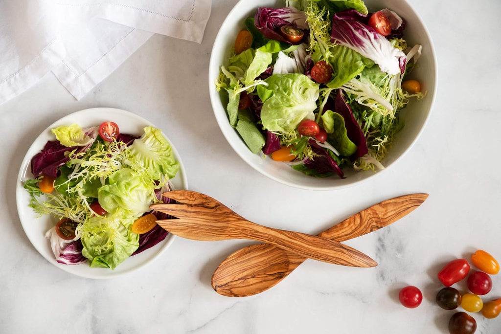 Tramanto Olive Wooden Salad Server Set, 12 inch Long Wood Pair - Tuscan Design