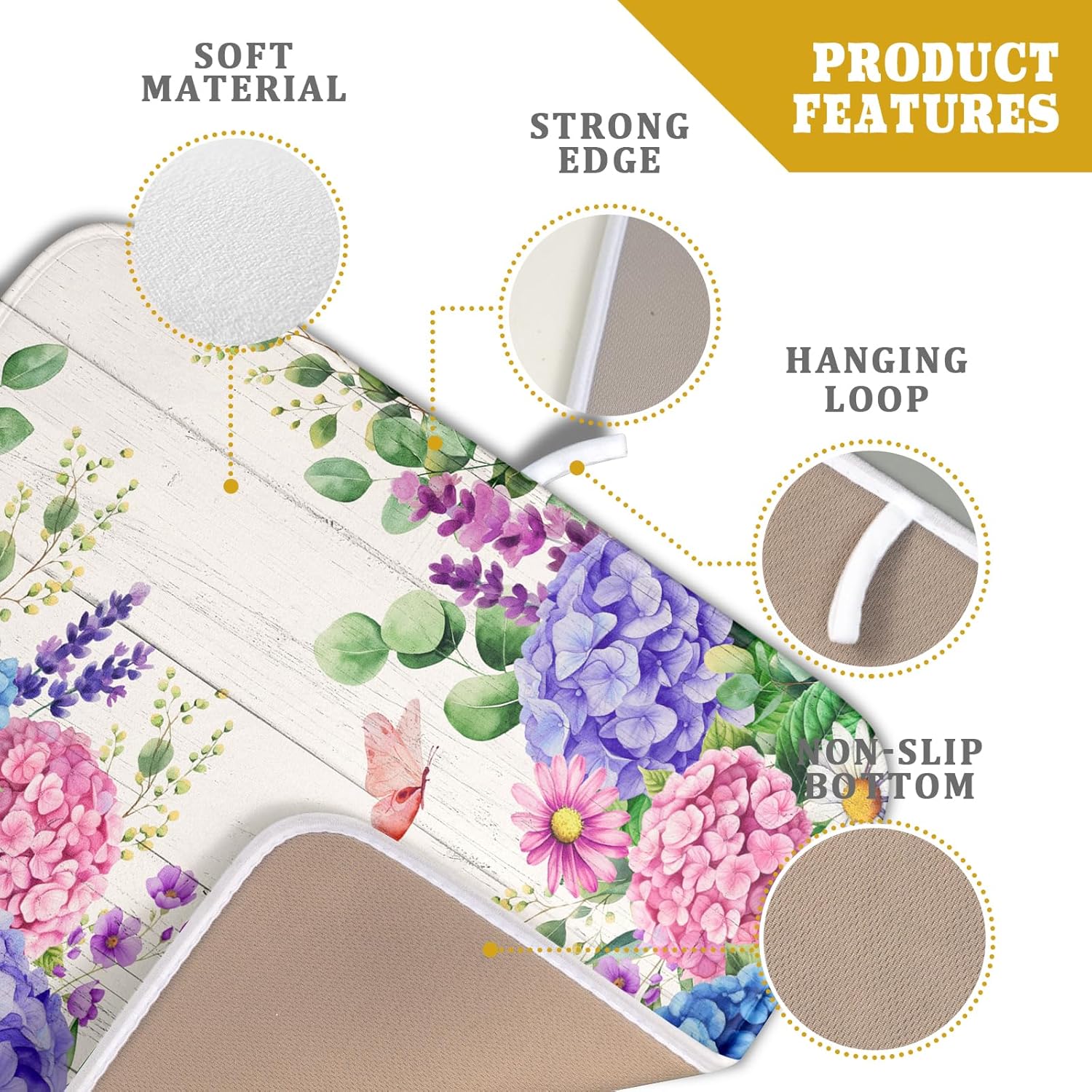 Hydrangea Floral Dish Drying Mat 16x18 inch Spring Summer Decorative Fast Dry Dishes Draining Mats Absorbent Microfiber Drainer Rack Pad