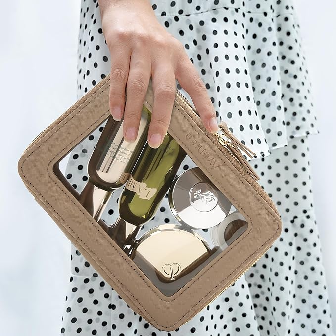 Aveniee Clear Makeup Bag for Women, Travel Cosmetic Case Toiletry Bag, Heavy Duty Makeup Organizer Car Bag for Accessories with Gold Zippers(Taupe)