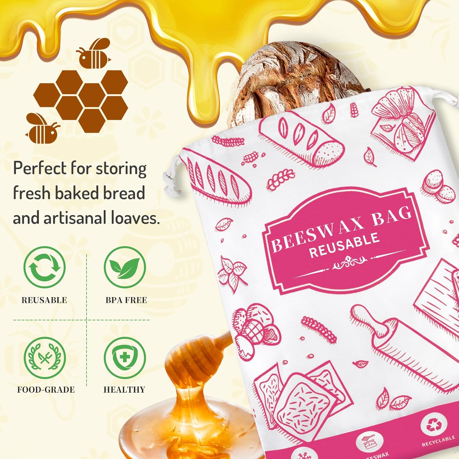 2-Pack Beeswax Bread Bags for Homemade Bread, Rose Pink Reusable Sourdough Storage Bags with Premium Beeswax Coating for Loafs Baguette Fresh Keeping,Great Homesteading Essentials and Baking Gifts.