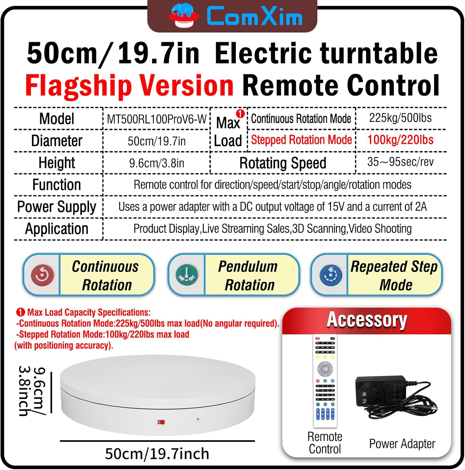 19.7In Remote Large Motorized electric turntable Rotating platform Photography Turntable Motorized lazy susan Base giratoria para for Photography,3D Scanner,Heavy duty display(Load Range:220~500lbs)