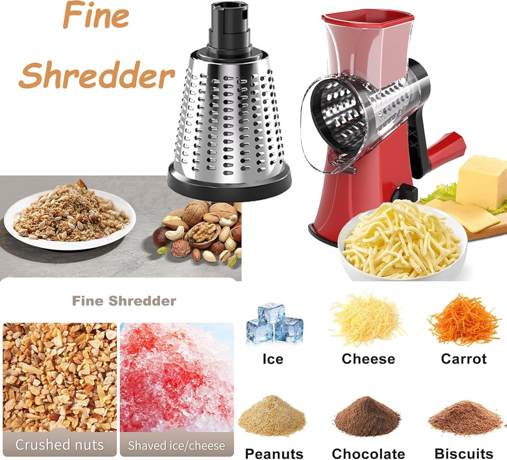 3-in-1 Rotary Cheese Grater Vegetable Slicer, 3 Interchangeable Blades Food Shredder with Anti-Slip Reinforced Suction Base, Kitchen Mandoline Chopper (Red)