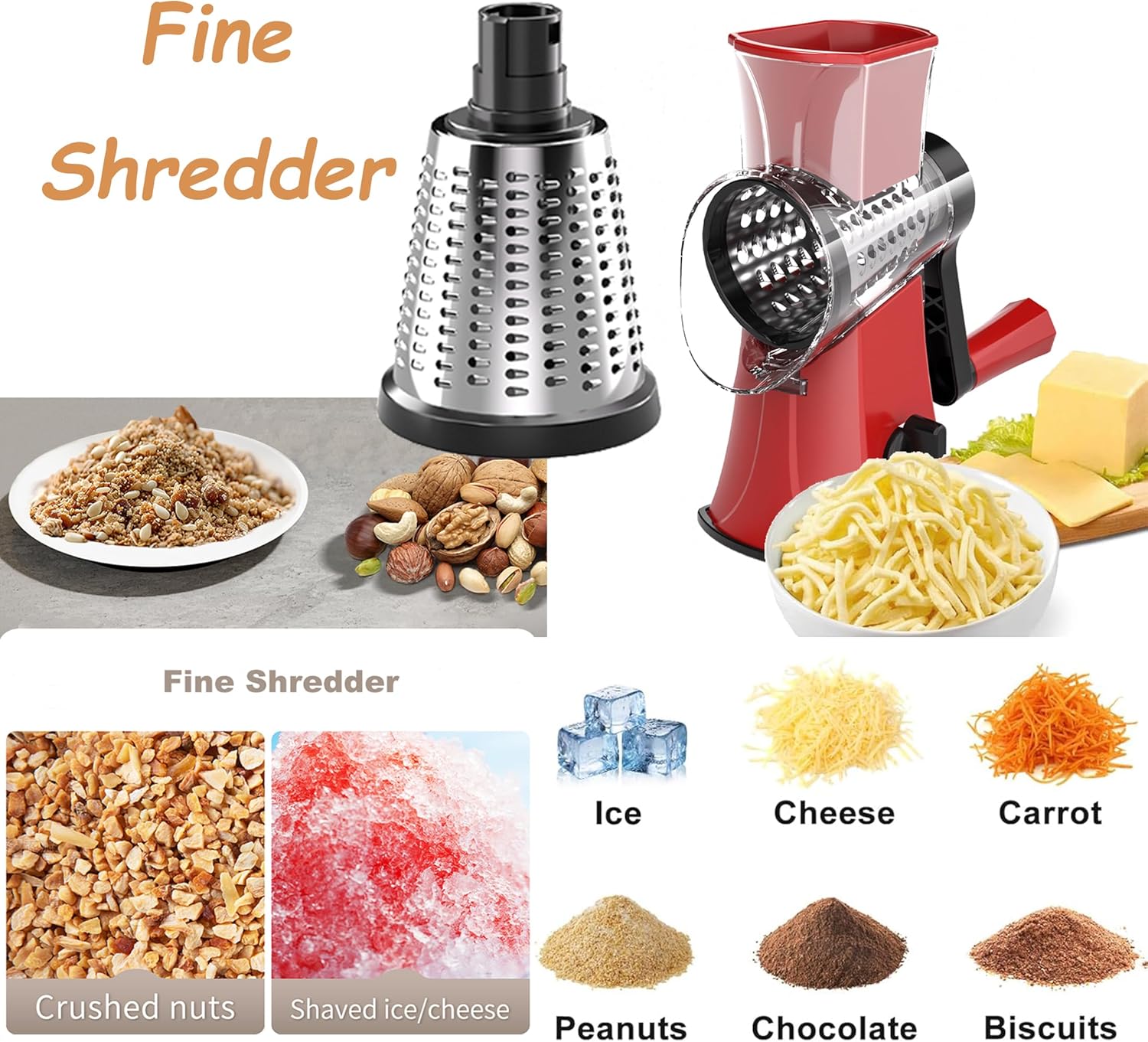 3-in-1 Rotary Cheese Grater Vegetable Slicer, 3 Interchangeable Blades Food Shredder with Anti-Slip Reinforced Suction Base, Kitchen Mandoline Chopper (Red)