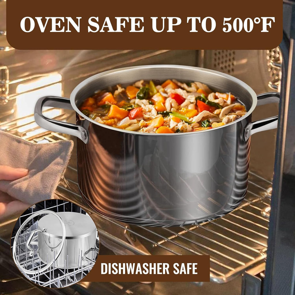 Rorence 6 Quart Stainless Steel Stockpot, Tri-Ply Base Large Pot for Cooking with Lid for Soup, Pasta, Vegetable, Induction Cooking Pot for All Stoves, Oven & Dishwasher Safe