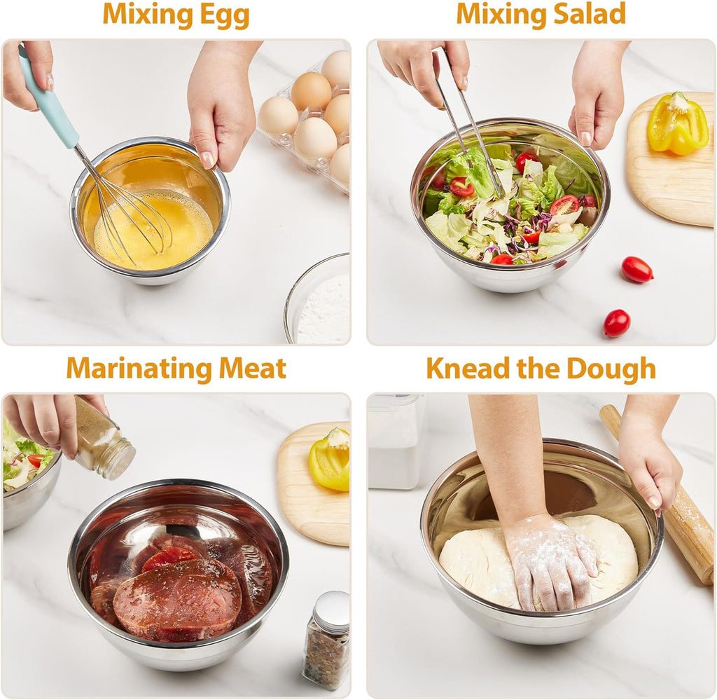 YIHONG 7 Piece Metal Mixing Bowls with Lids for Kitchen, Stainless Steel Set Ideal for Baking, Prepping, Cooking and Serving Food, Nesting Design for Space Saving Storage (Khaki)